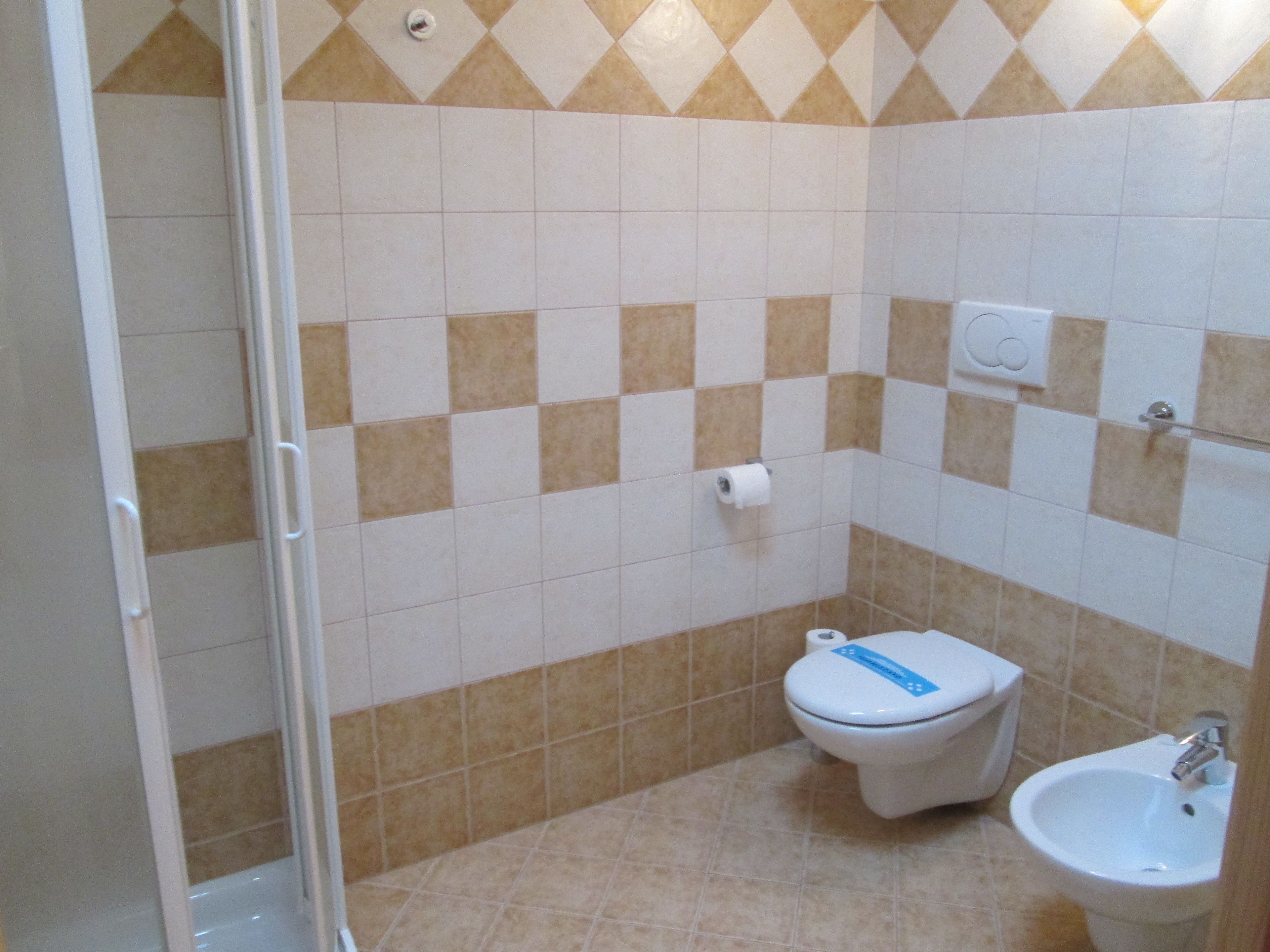Une salle de bain équipée de toilettes, d’un bidet et d’un espace douche.