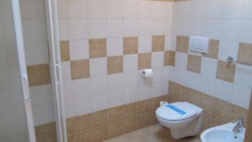 Une salle de bain équipée de toilettes, d’un bidet et d’un espace douche.