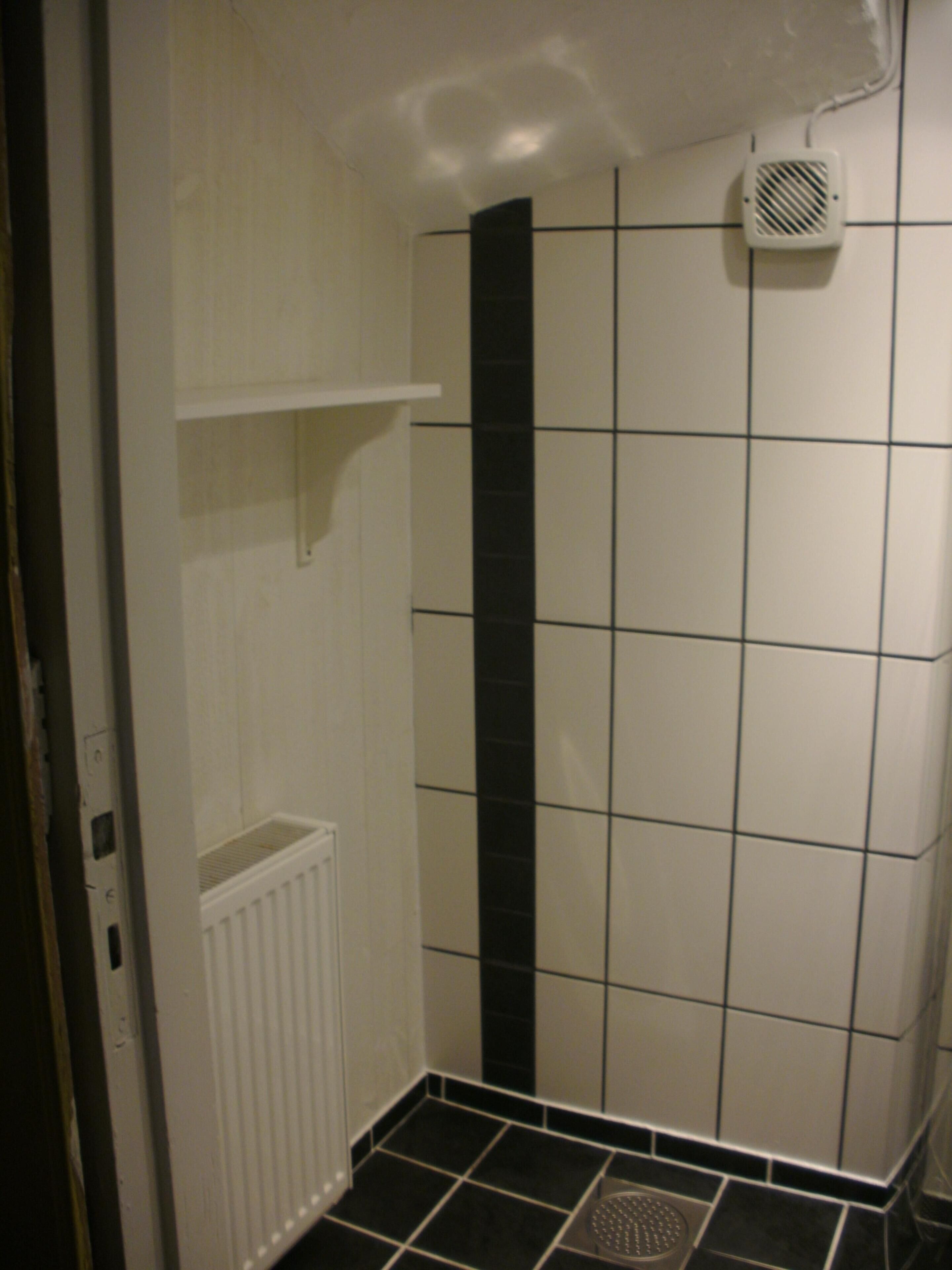 Et badeværelse med hvide fliser, en lodret sort stribe og en hvid radiator.