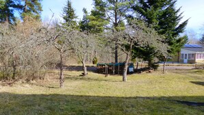 A grassy area with trees and a building in the background. - Quietly located cozy vacation home with a view, sauna and wood-burning stove (Ruda)