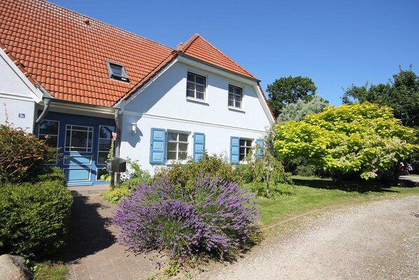 A two-story house with a red-tiled roof, a blue door, and a garden with purple flowers and a yellow flowering tree.