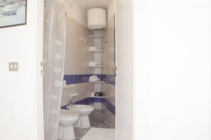 Ein Badezimmer mit Toilette, Bidet und Duschbereich.