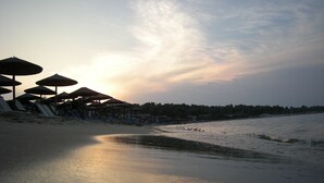 Una playa con sombrillas y sillas de descanso.