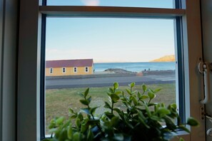 A window view of a yellow building by the sea, a grassy area, and a plant in the foreground. - Grenivík Guesthouse (Grenivík)