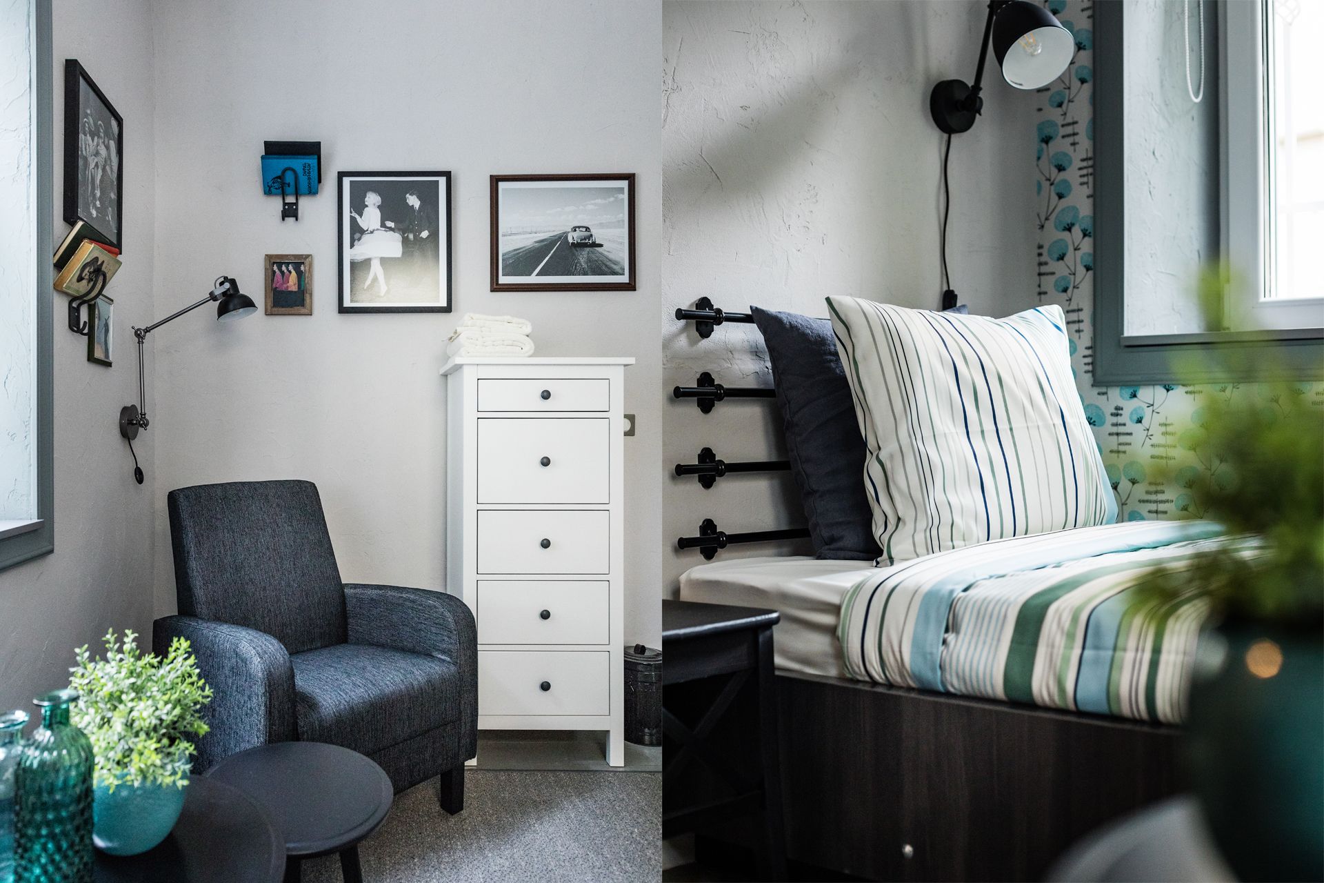 A modern bedroom with a bed, a chair, a dresser, and a desk. There are framed pictures on the wall and a lamp on the desk.