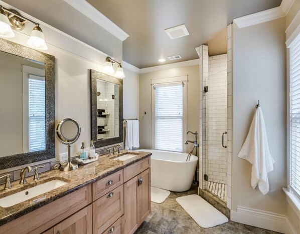 Hair dryer, towels, soap, shampoo