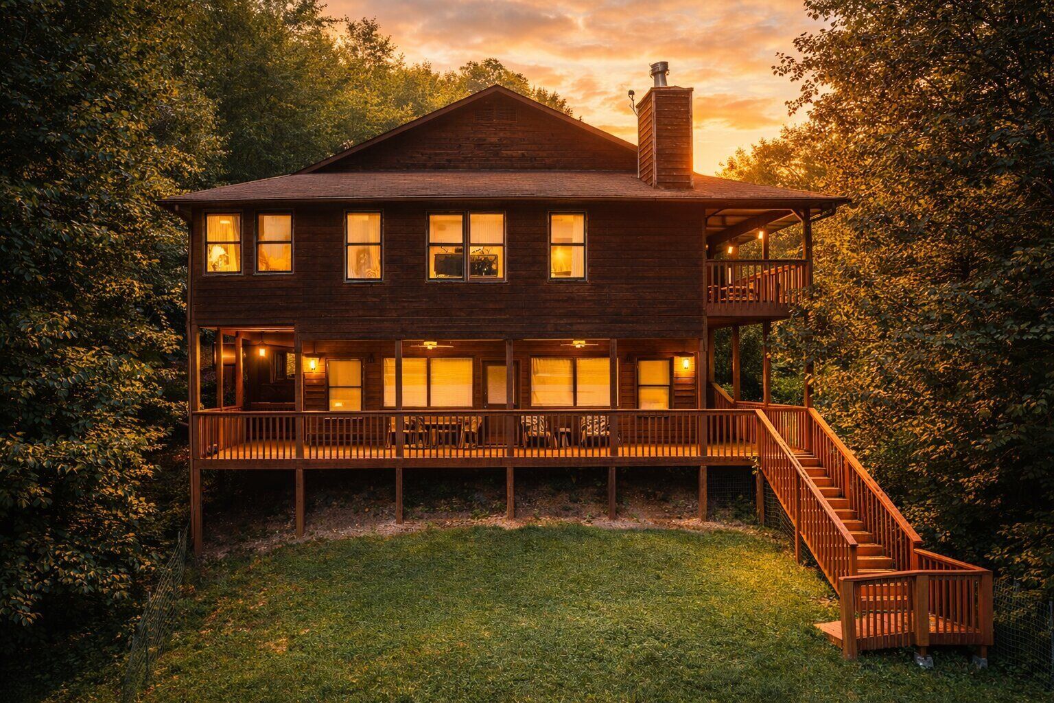 A two-story wooden house with a balcony, a staircase, and a well-maintained lawn.