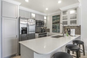 Fridge, microwave, oven, stovetop - 2nd Floor, Pet Friendly Beach Retreat 202, Beach Service Gulf front views (Miramar Beach)