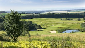Ein Golfplatz mit Teich, umgeben von Bäumen und offenen Feldern.