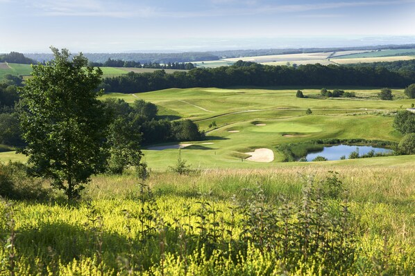 A golf course with a pond, surrounded by trees and open fields. - Golf Hôtel Five Nations (Havelange)