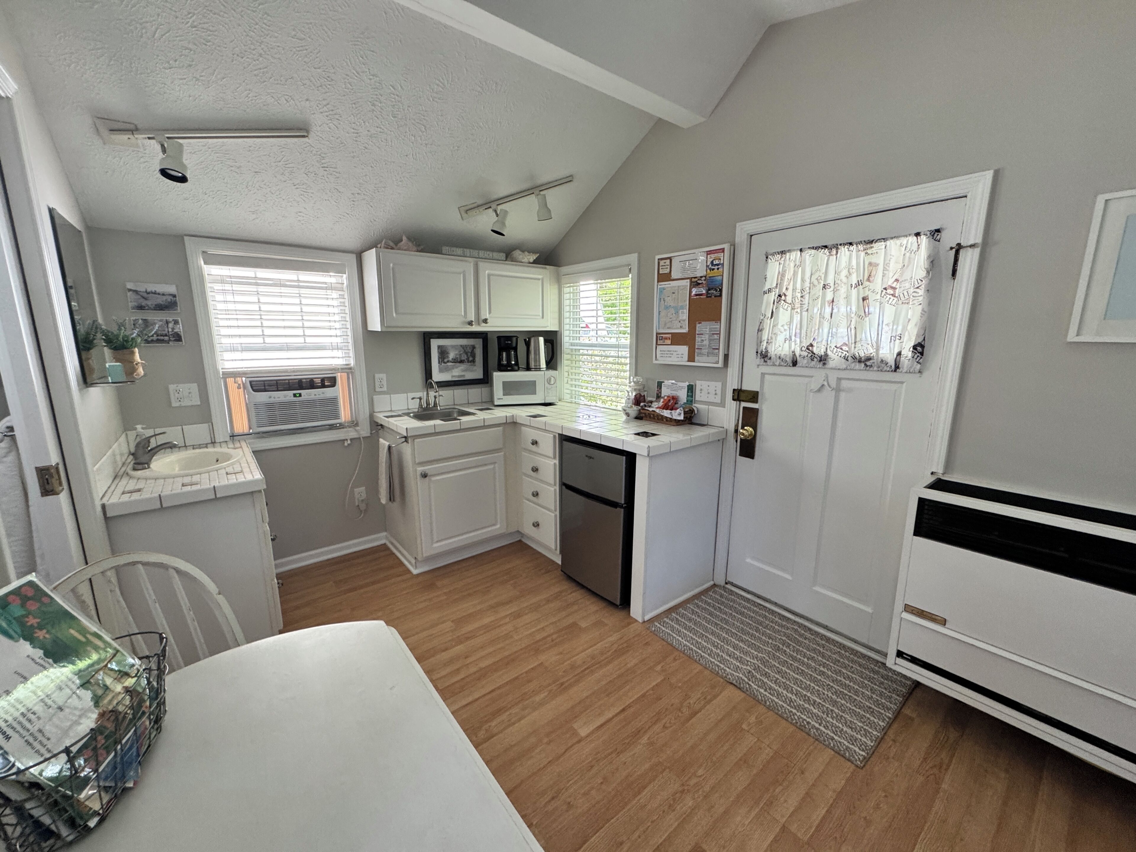 Fridge, microwave, coffee/tea maker, electric kettle