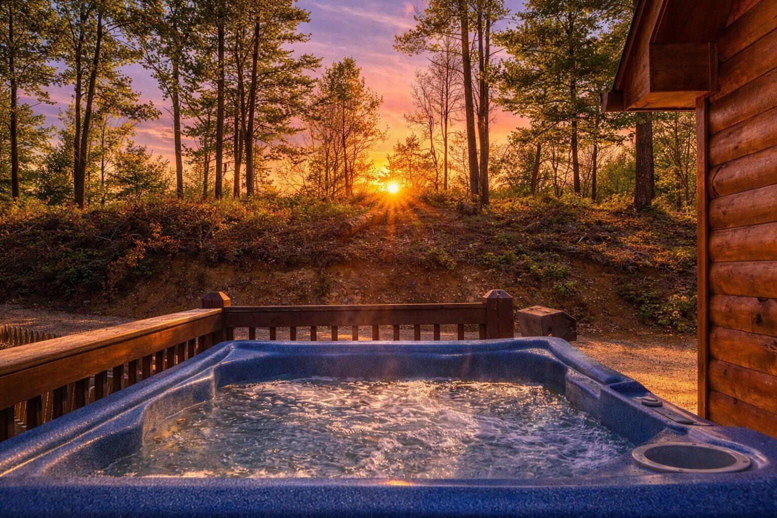 Un jacuzzi con muelle de madera, rodeado de árboles y con un atardecer al fondo.