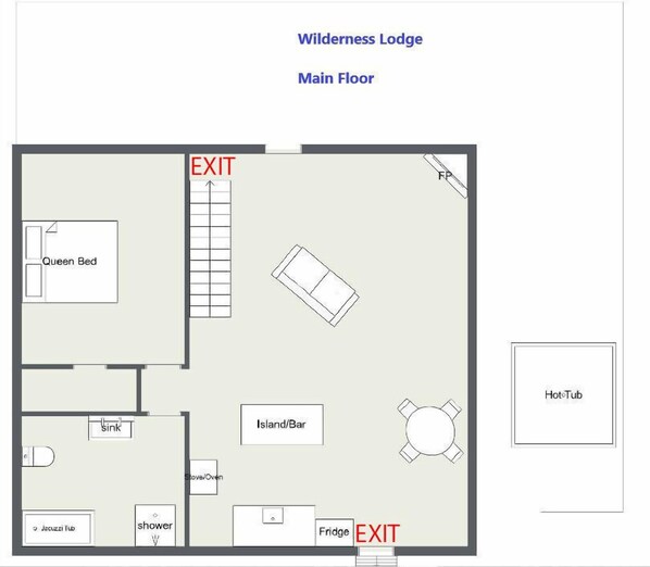 A main floor layout of Wilderness Lodge with two exits, a Queen Bed, an Island/Bar, a Hot Tub, a Stov/Oven, a Jacuzzi Tub, a shower, and a Bridge.