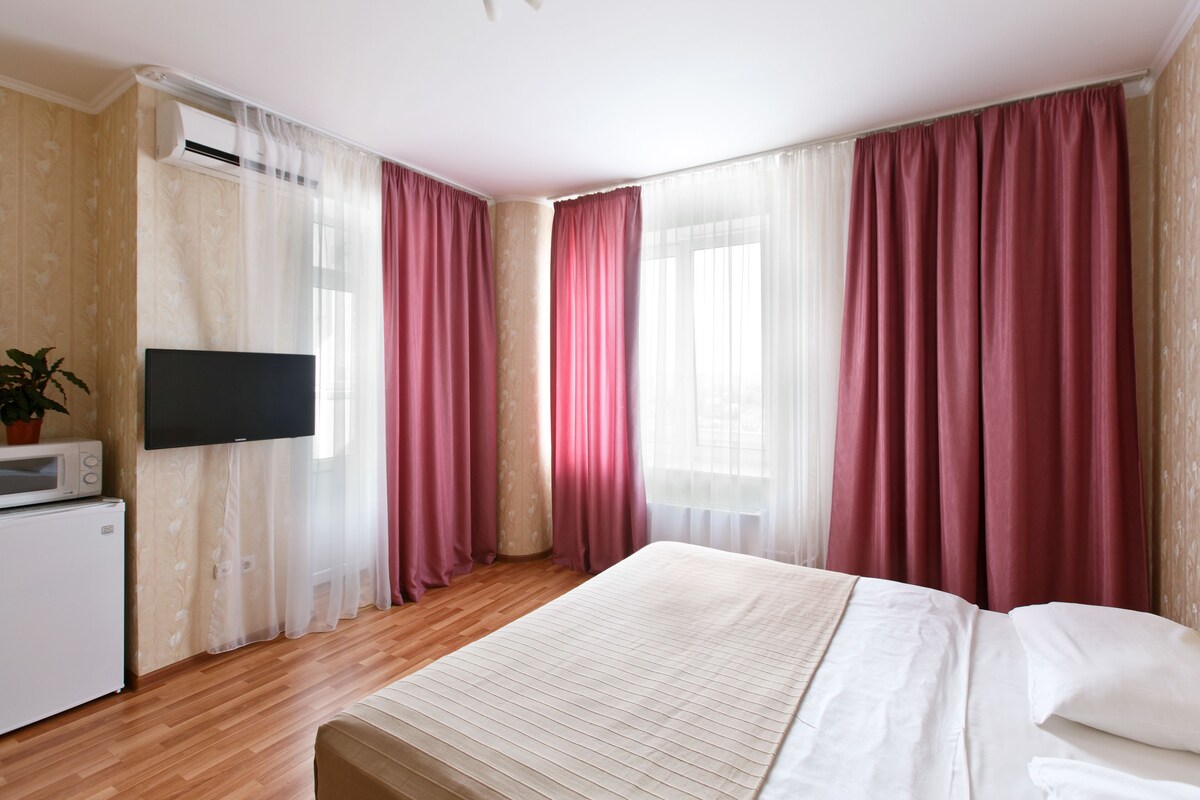 Habitación de hotel con cama, televisor, microondas y planta en maceta.