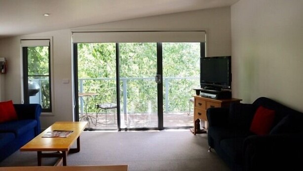 Un salon spacieux doté d’une grande porte-fenêtre coulissante donnant sur un balcon, d’un téléviseur à écran plat posé sur un meuble en bois et d’un canapé bleu.