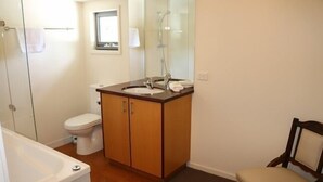 Une salle de bain comprenant des toilettes, un lavabo, une douche et une chaise.