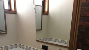 Un baño con lavamanos, espejo, toallero y una puerta que da a una pared de ladrillo.