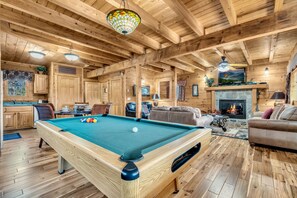 Flat-screen TV, fireplace