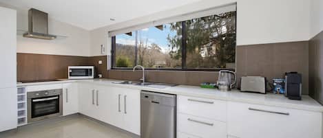 Full-sized fridge, microwave, oven, stovetop