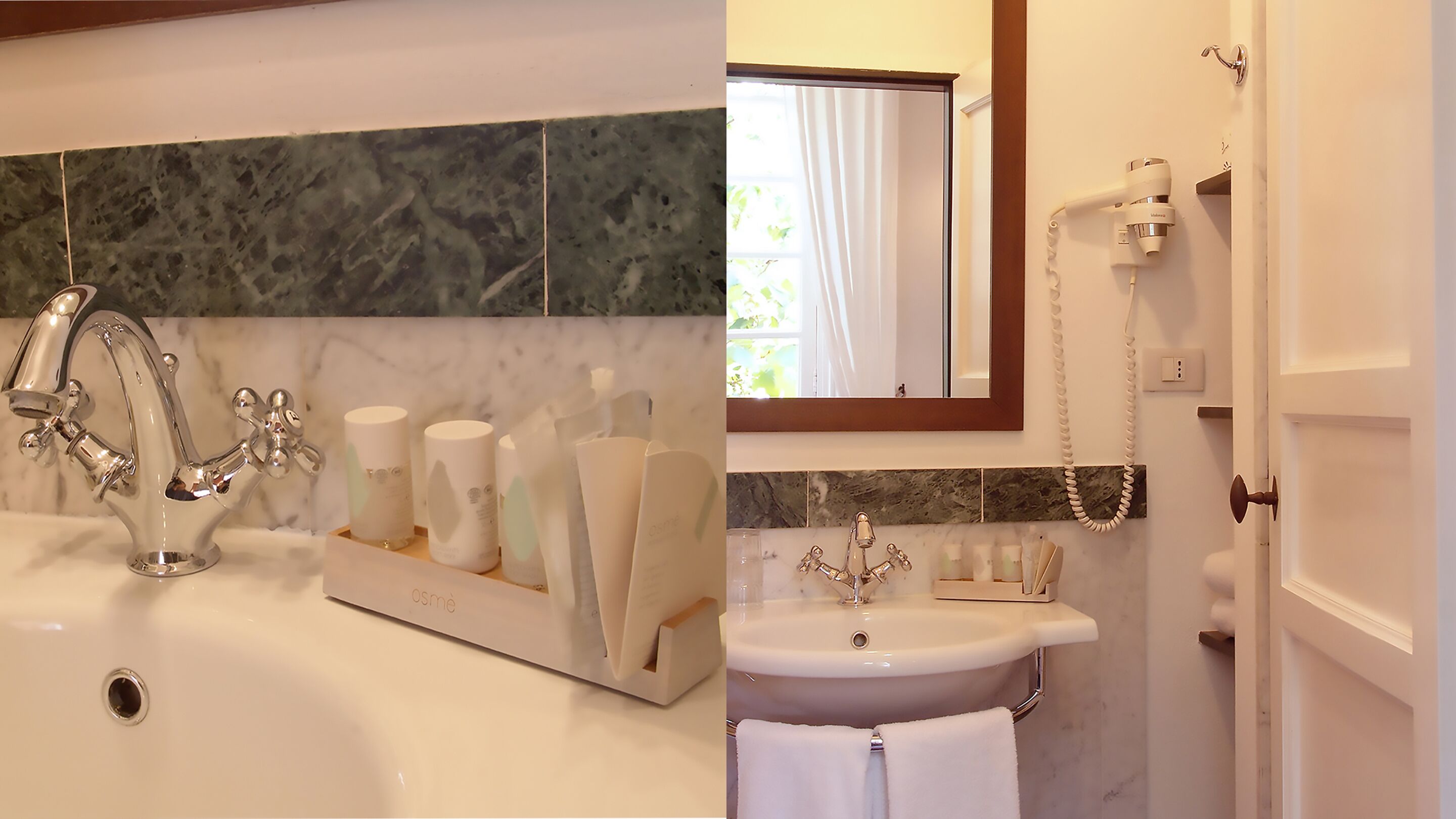 Ein Badezimmer mit Marmorfliesenspiegel, einem modernen Waschbecken und einer Duschkabine.