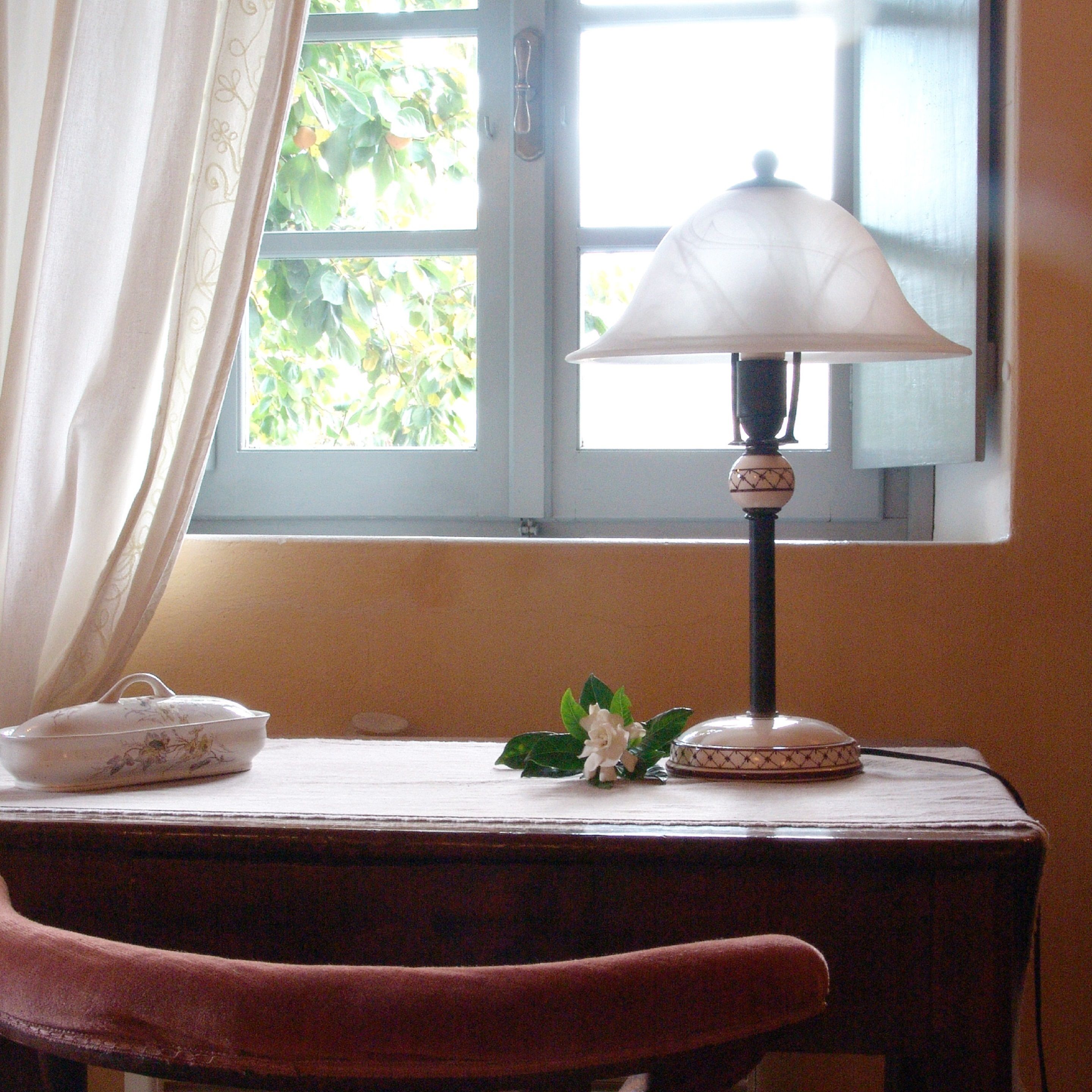 A table with a lamp, a bowl, and a flower on a window sill.