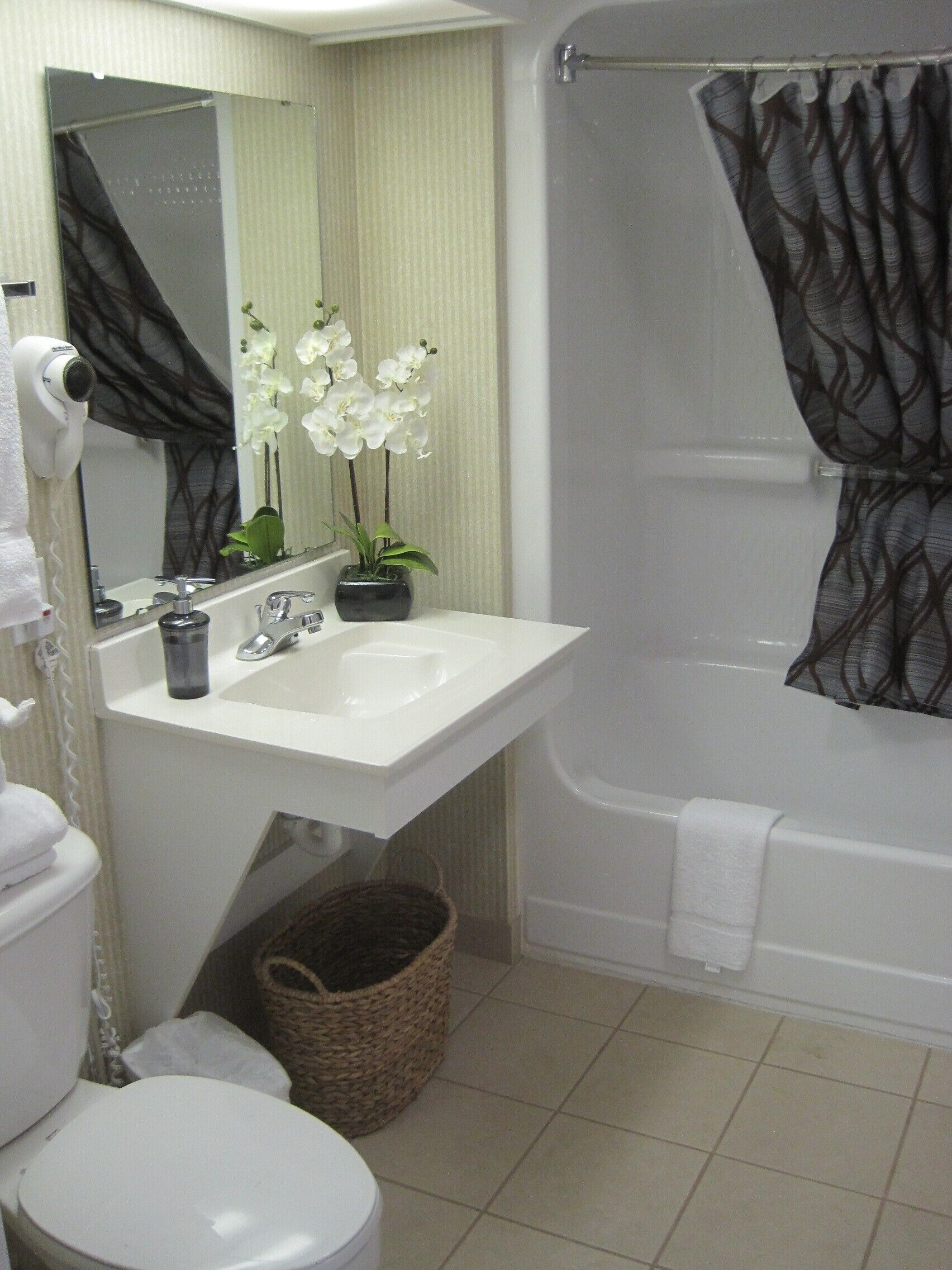A bathroom with a white sink, mirror, and toilet. There is a shower curtain and a basket near the toilet.