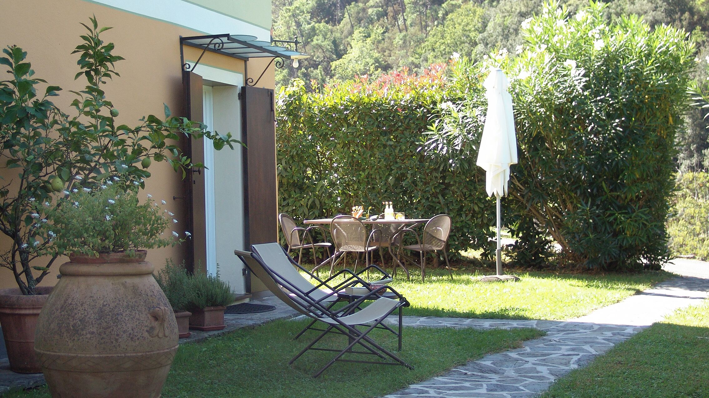 An outdoor seating area with a table and chairs, surrounded by potted plants and a pathway.