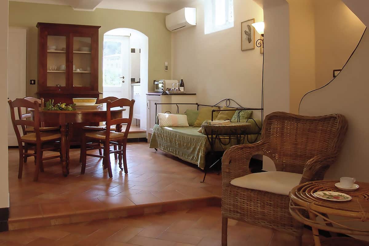 A cozy room with a dining table, chairs, a bed, and a wicker chair.