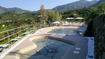 Piscina stagionale all'aperto, ombrelloni da piscina, lettini