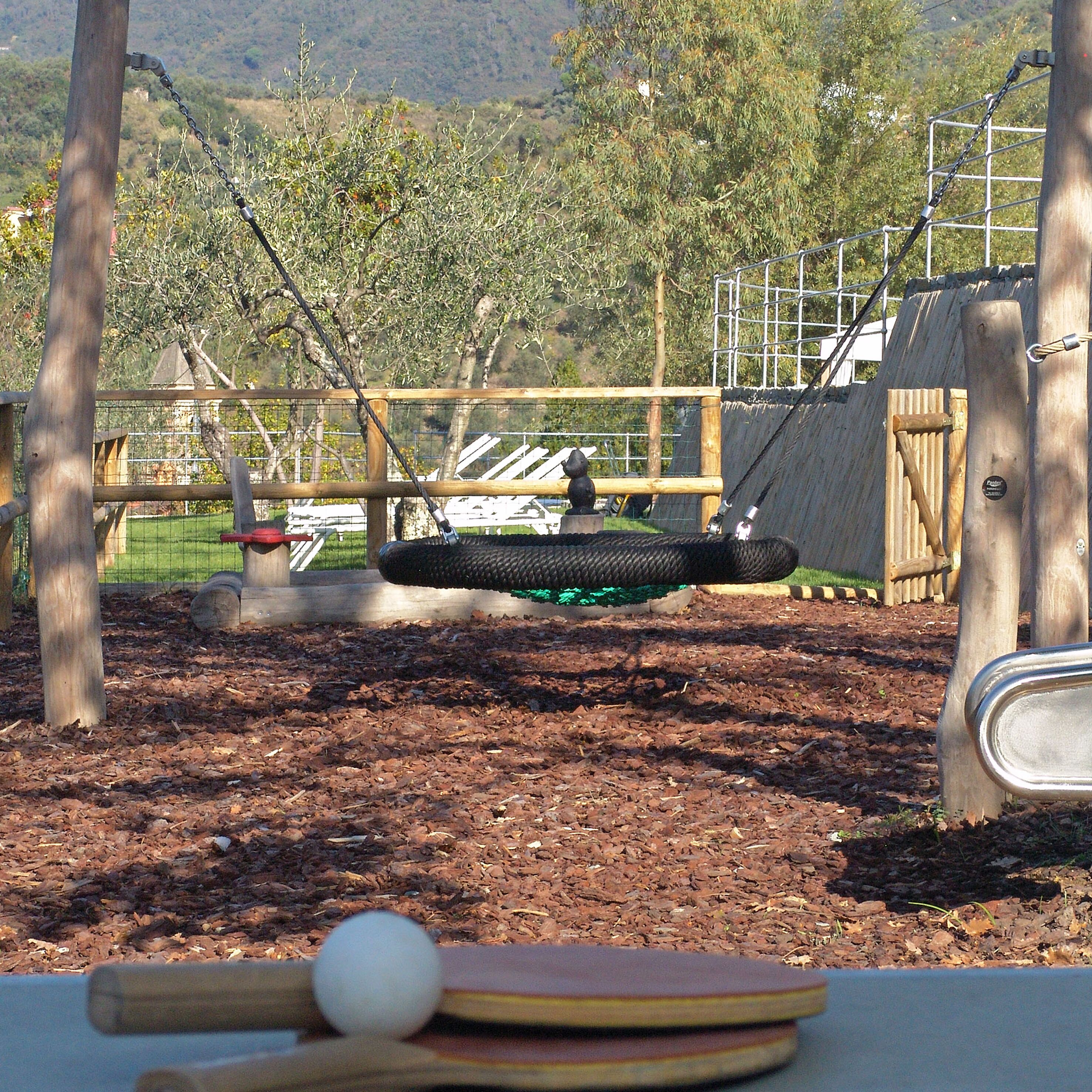 Un parque infantil con un columpio de neumático, una pelota y un banco de madera.