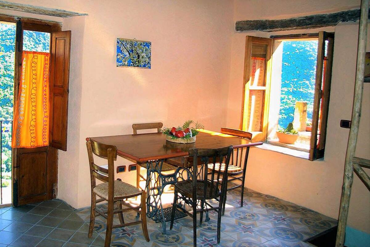 A dining area with a wooden table and chairs, a small plant on the table, and a view of greenery outside through a window.