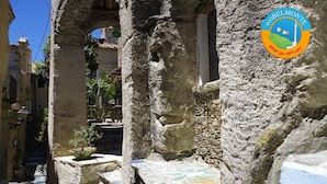 Una calle estrecha con edificios de piedra, adoquinado y una planta en maceta.