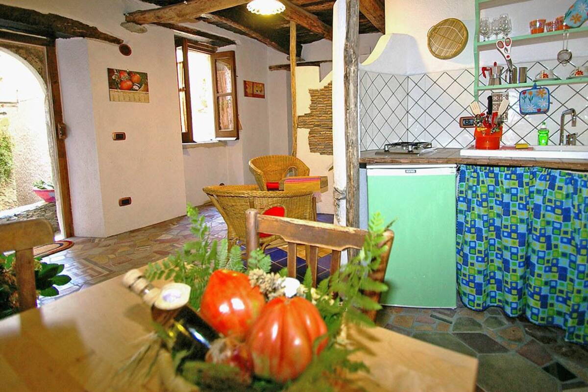 A rustic kitchen with a green countertop, wicker chairs, and a dining table with a floral centerpiece.