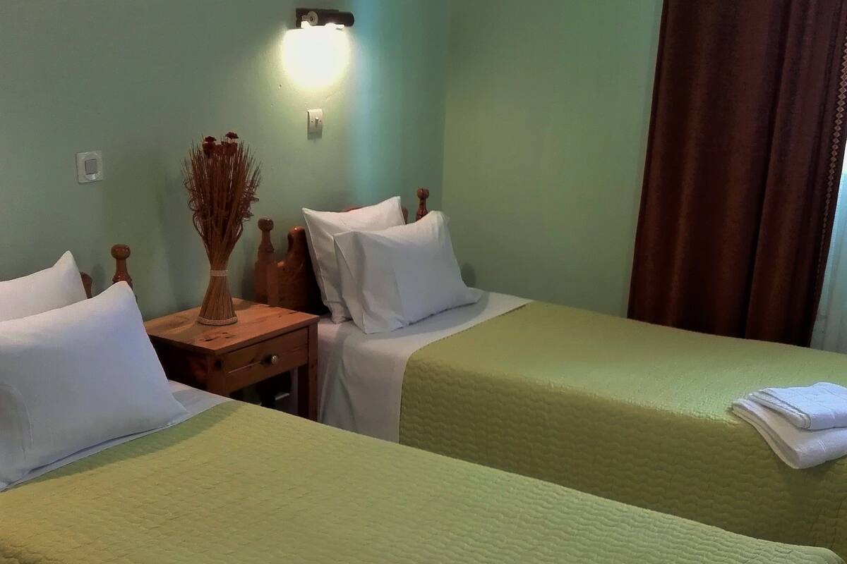 A hotel room with two beds, each with white pillows and green bedding. There is a nightstand with a vase of dried plants and a wall-mounted light.