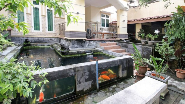 A courtyard with a koi pond, potted plants, and a stone bench. - RedDoorz Plus near STIE YKPN (Depok)