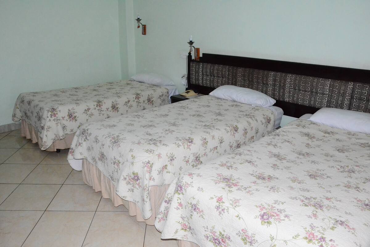 A room with two beds, each with floral bedding and a headboard with a geometric pattern.