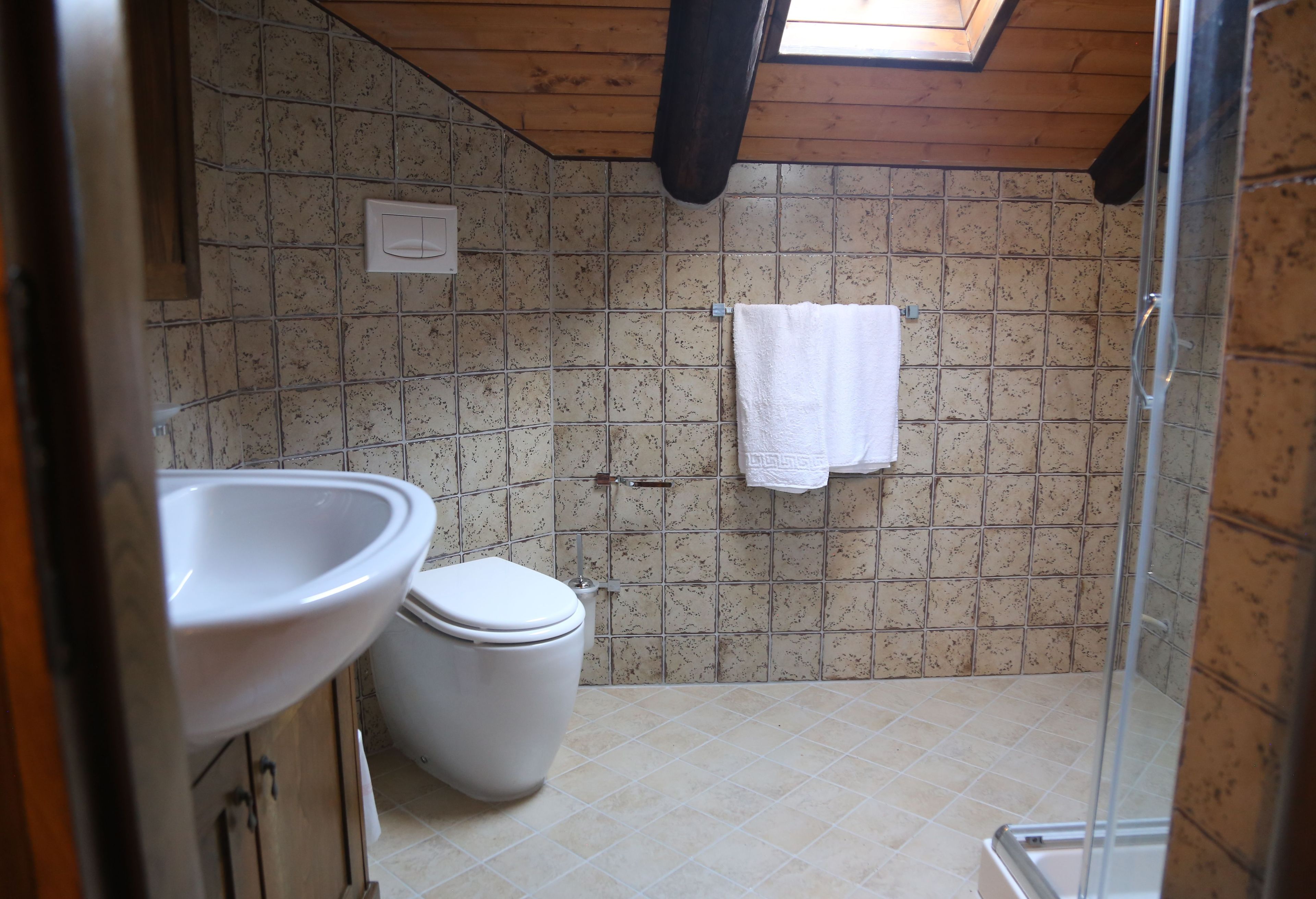 Ein Badezimmer mit Toilette, Waschbecken und Dusche.