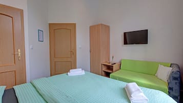 A room with a bed, a green sofa, a TV, and wooden wardrobes.