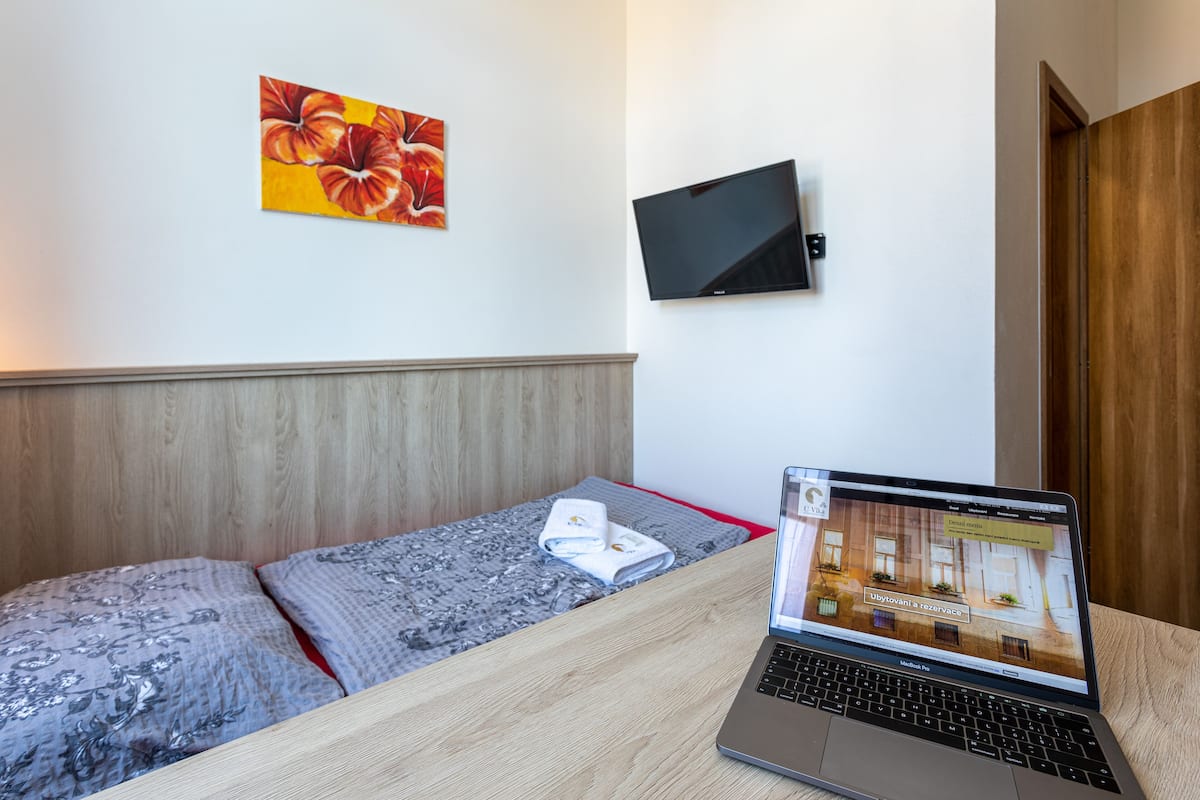 A bedroom with a bed, a laptop on a bedside table, a painting on the wall, and a TV mounted on the wall.