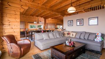 LCD TV, fireplace, DVD player