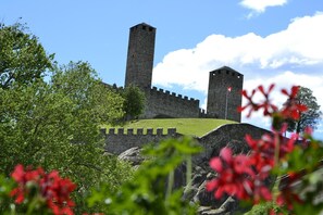 Un castillo de piedra histórico con dos torres destacadas, rodeado de abundante vegetación y plantas florecientes.