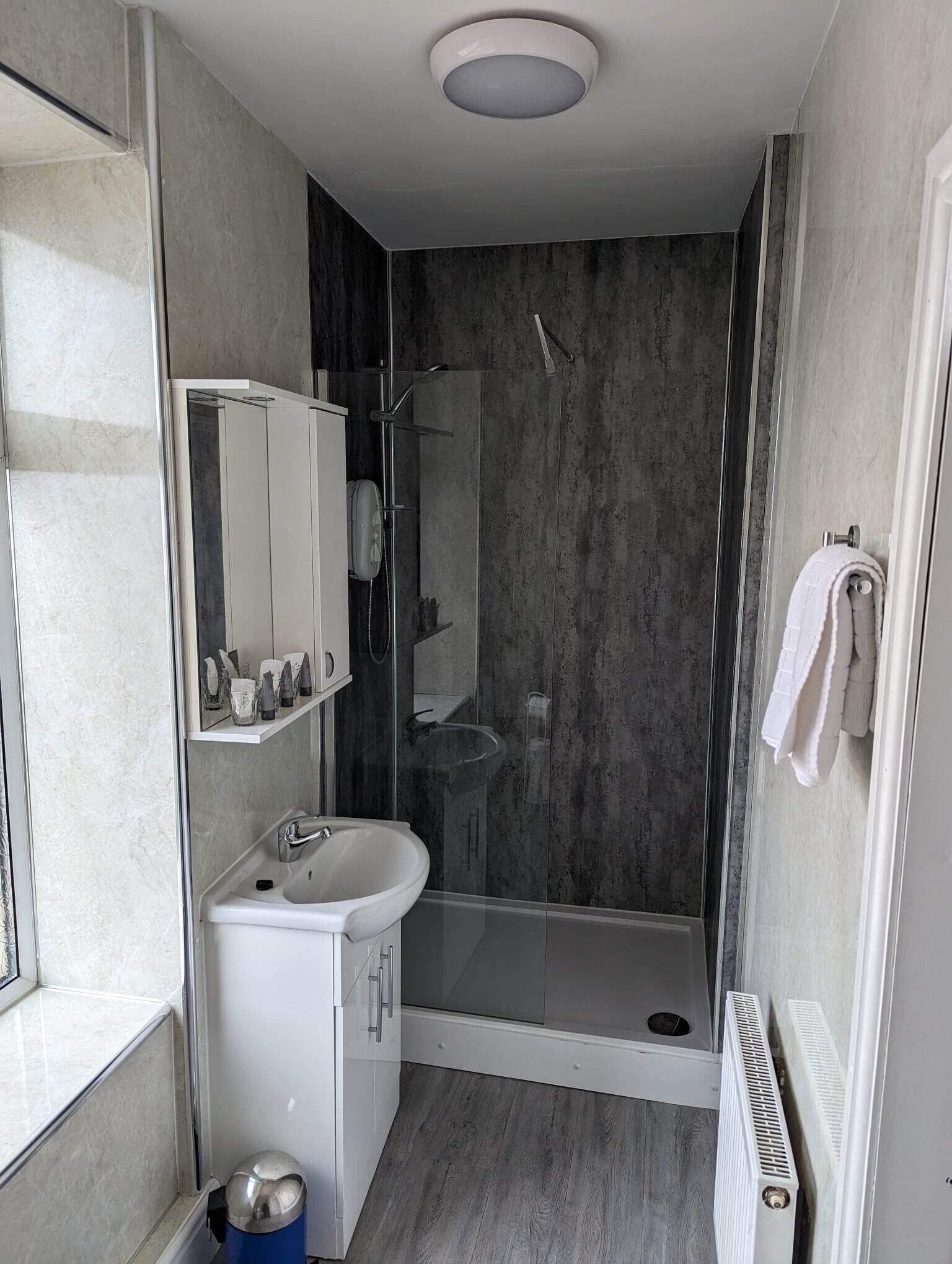 A modern bathroom with a glass shower enclosure, a white sink, and a mirrored cabinet.