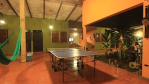 Een kamer met een tafeltennistafel, een hangmat en een potplant.