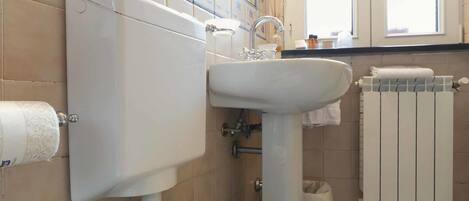 Ein Badezimmer mit Toilette, Waschbecken und Spiegel.