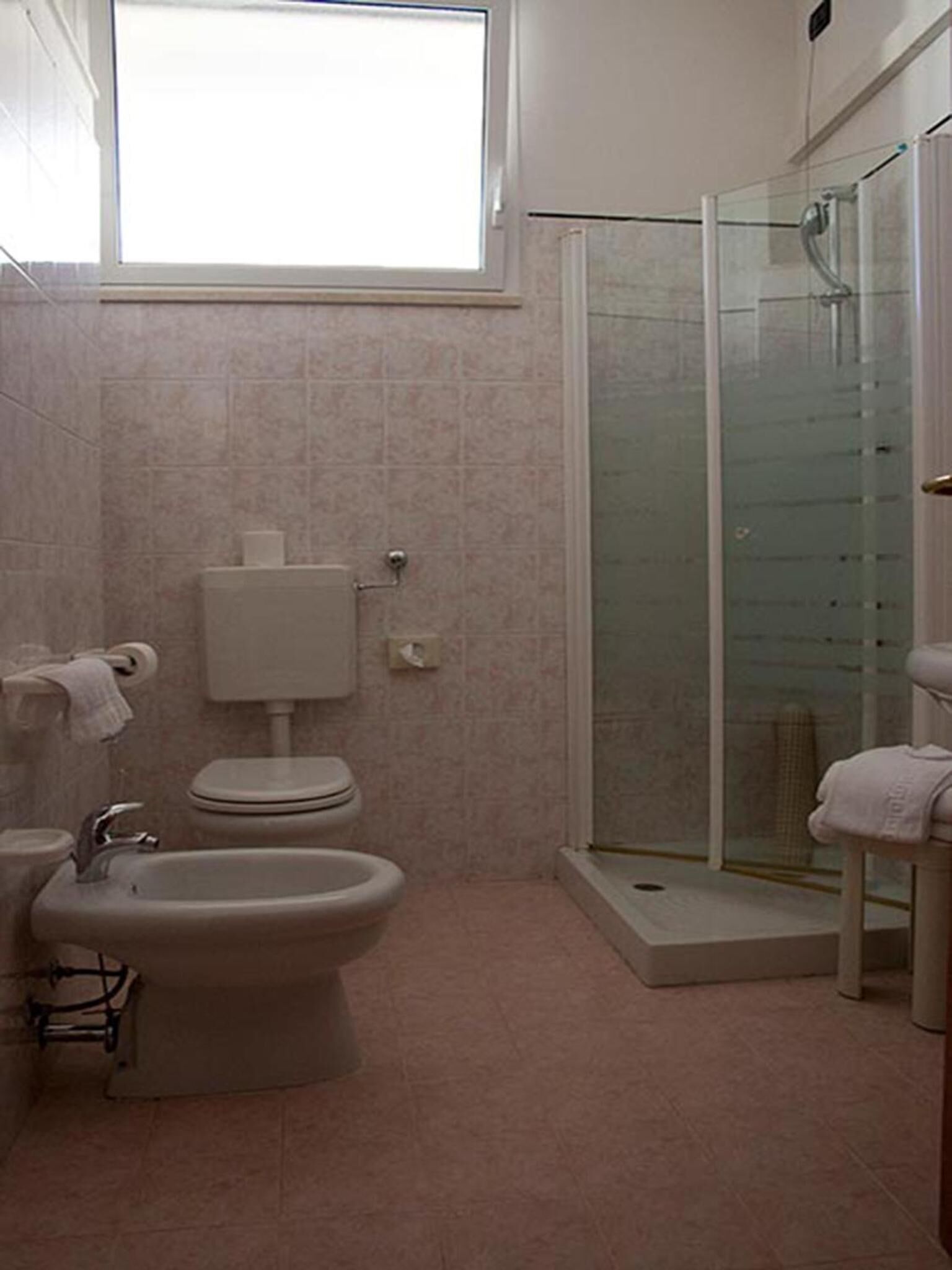 A bathroom with a toilet, bidet, and glass-enclosed shower.