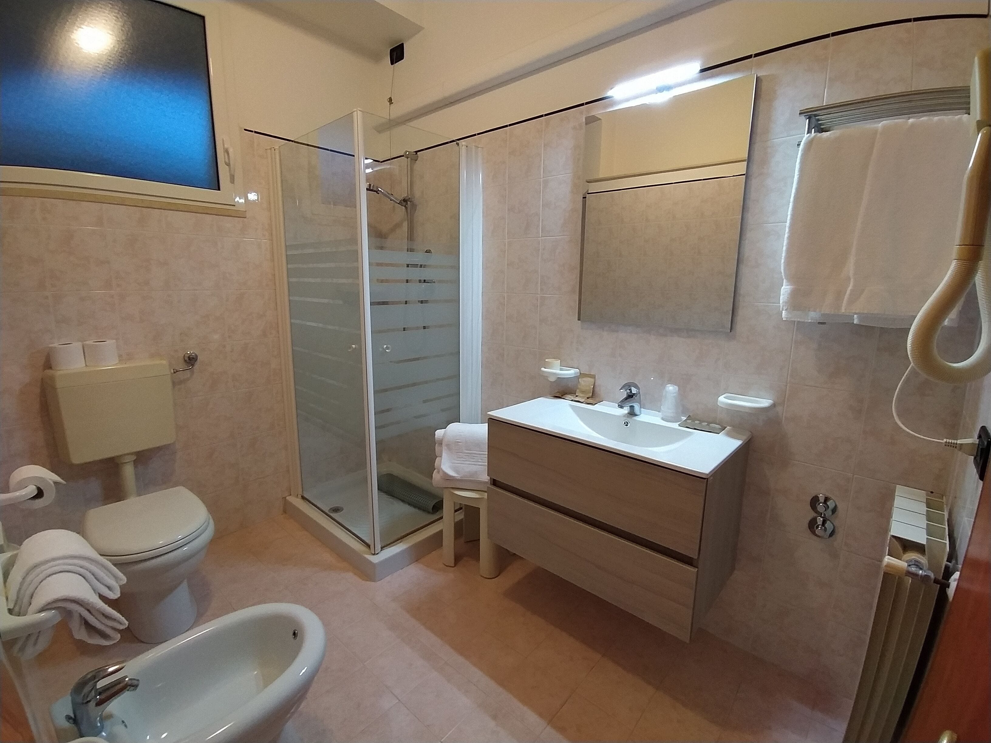 A modern bathroom with a glass shower enclosure, a sink, a toilet, and a bidet.