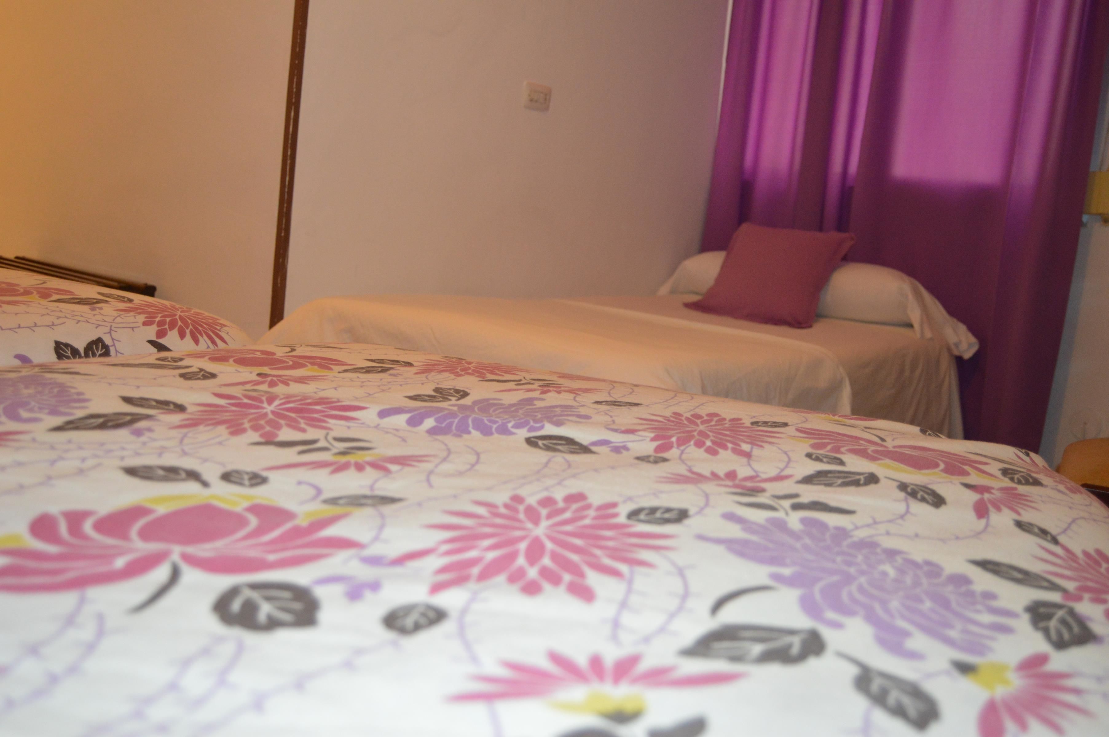 Una habitación de hotel con dos camas, una con una colcha estampada y la otra con una funda blanca lisa.