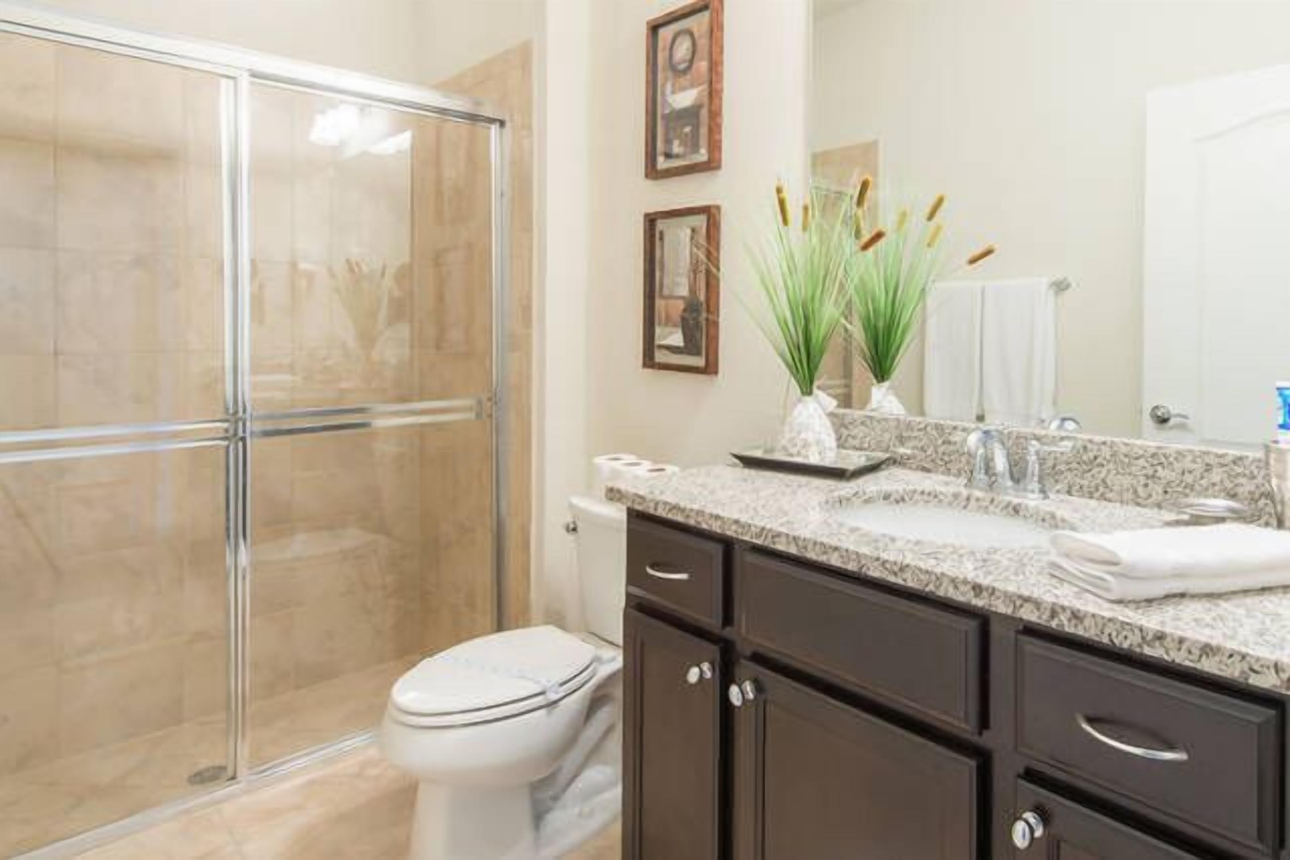 A bathroom with a glass shower enclosure, a toilet, a vanity with a mirror, and a sink.