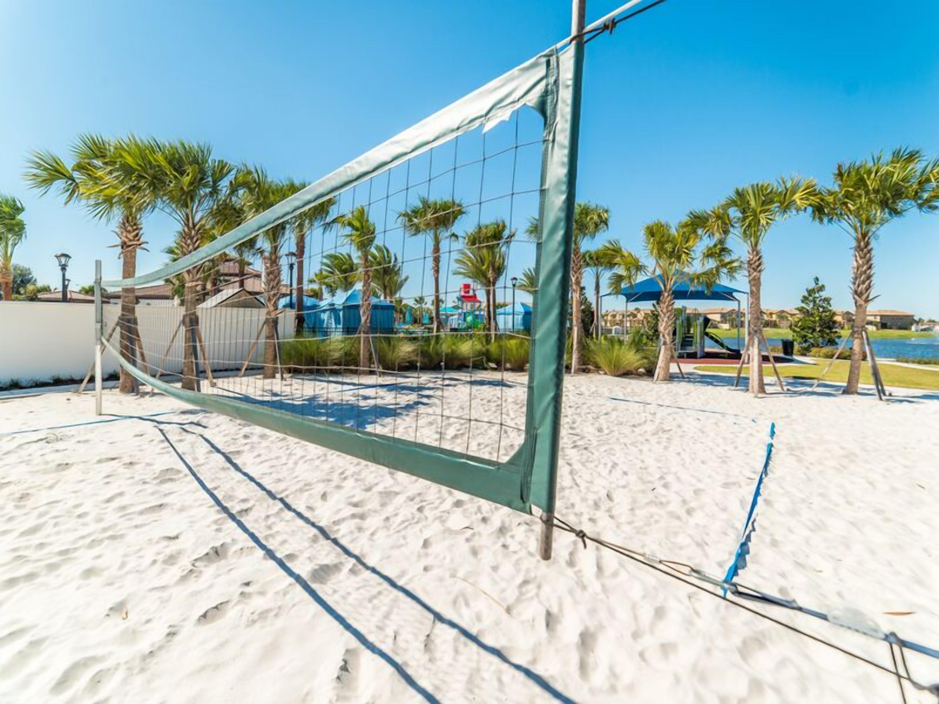 A beach volleyball net set up on a sandy area with palm trees and a clear blue sky in the background.