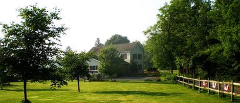 Une zone herbeuse avec une maison et des arbres.